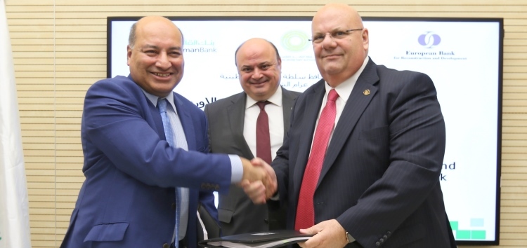 EBRD President Suma Chakrabarti, Palestine Monetary Authority Governor Azzam Shawwa, and Cairo Amman Bank Palestine Regional Manager Joseph Nesnas, at the March 2018 signing of the first EBRD investment in the West Bank and Gaza